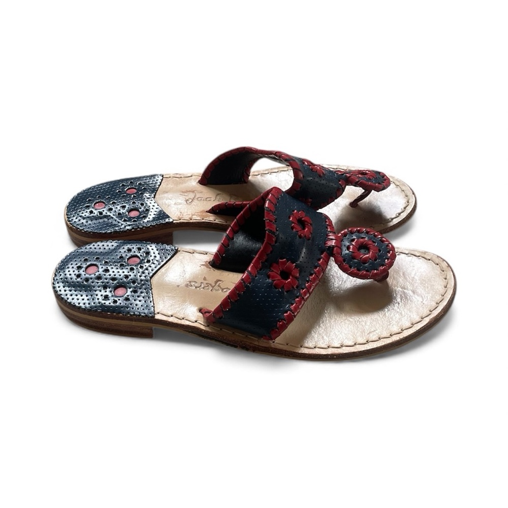 Jack Rogers Navy Women's Navajo Sandals with Red Whipstitch Details, Sz 6